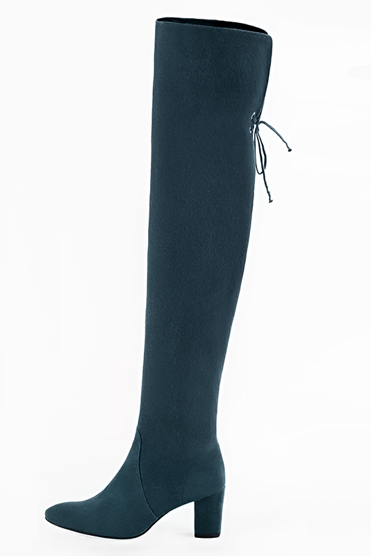 Peacock blue women's leather thigh-high boots. Round toe. Medium block heels. Made to measure. Profile view - Florence KOOIJMAN